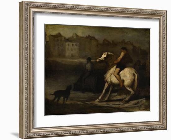 The Watering Place, Bank of the Seine, C.1855 (Oil on Board)-Honore Daumier-Framed Giclee Print
