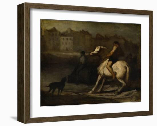 The Watering Place, Bank of the Seine, C.1855 (Oil on Board)-Honore Daumier-Framed Giclee Print