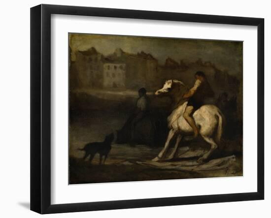 The Watering Place, Bank of the Seine, C.1855 (Oil on Board)-Honore Daumier-Framed Giclee Print