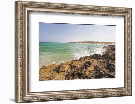 The waves of turquoise sea crashing on the rocks, Pozzallo, Province of Ragusa, Sicily, Italy, Medi-Roberto Moiola-Framed Photographic Print