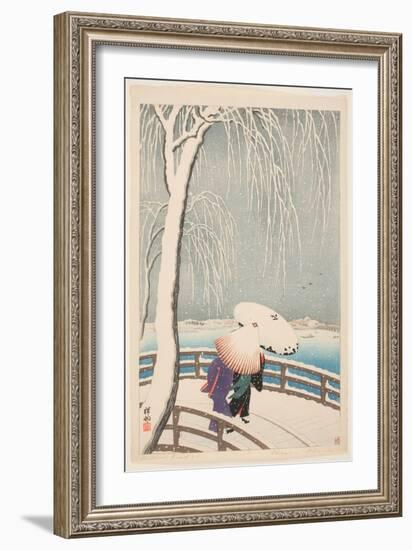 The Willow Bridge (Coloured Woodblock Print)-Ohara Koson-Framed Giclee Print