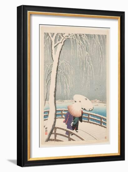 The Willow Bridge (Coloured Woodblock Print)-Ohara Koson-Framed Giclee Print