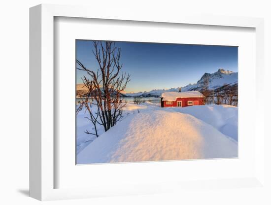 The Winter Sun Illuminates a Typical Norwegian Red House Surrounded by Fresh Snow-Roberto Moiola-Framed Photographic Print