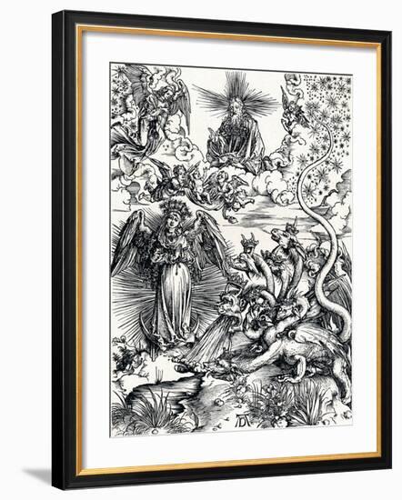 The Woman Clothed with the Sun and the Seven-Headed Dragon, 1498-Albrecht Dürer-Framed Giclee Print