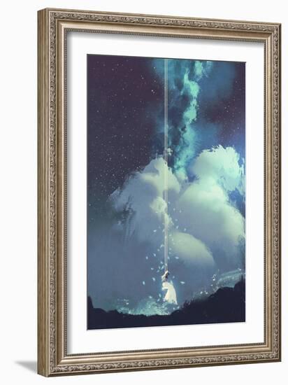 The Woman on a Swing under the Night Sky with Stars and Clouds,Illustration Painting-Tithi Luadthong-Framed Art Print