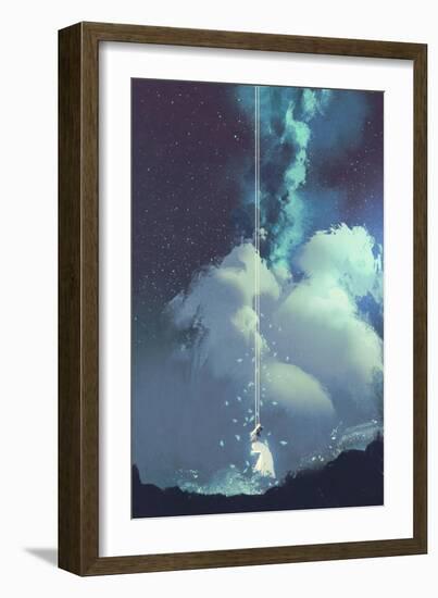 The Woman on a Swing under the Night Sky with Stars and Clouds,Illustration Painting-Tithi Luadthong-Framed Art Print