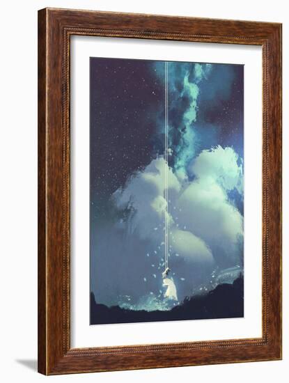 The Woman on a Swing under the Night Sky with Stars and Clouds,Illustration Painting-Tithi Luadthong-Framed Art Print