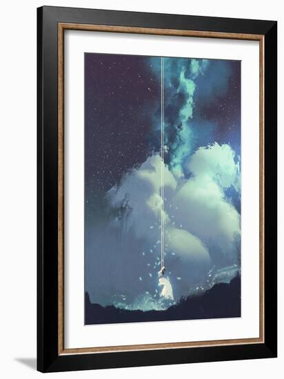 The Woman on a Swing under the Night Sky with Stars and Clouds,Illustration Painting-Tithi Luadthong-Framed Art Print