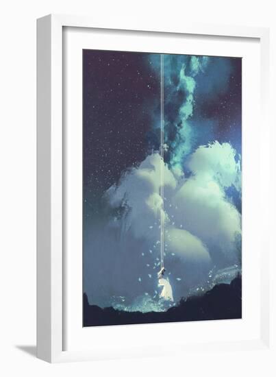 The Woman on a Swing under the Night Sky with Stars and Clouds,Illustration Painting-Tithi Luadthong-Framed Art Print