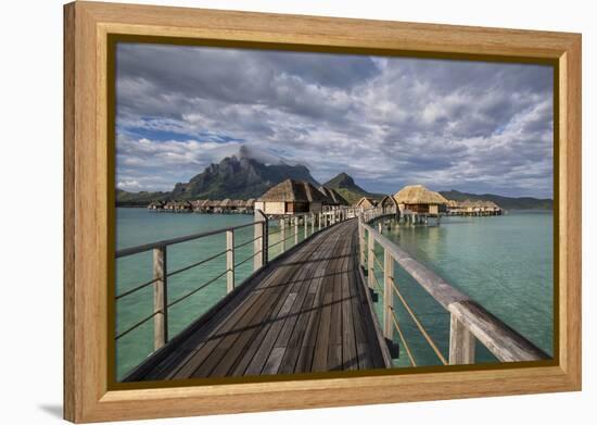 The Wooden Walkway To The Over Water Bungalows At 4 Seasons Bora Bora With Mt Otemanu In Distance-Karine Aigner-Framed Premier Image Canvas