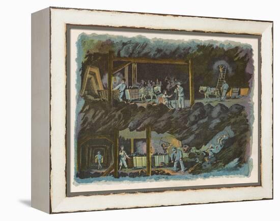 The Workings of a Mine Showing Miners at the Coal Face and the Coal Being Transported by Pony-null-Framed Stretched Canvas