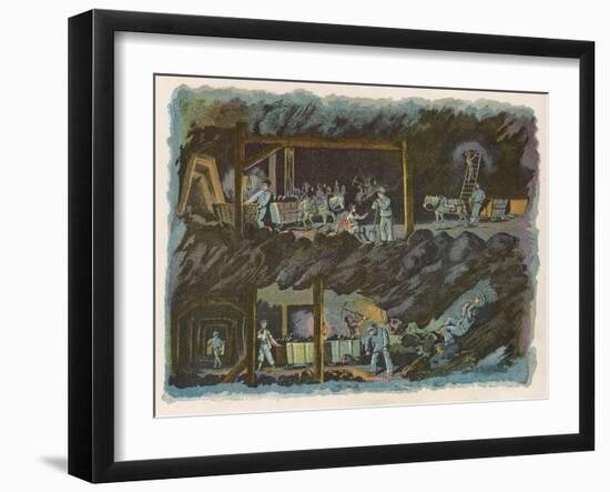 The Workings of a Mine Showing Miners at the Coal Face and the Coal Being Transported by Pony-null-Framed Art Print