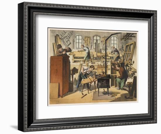 The Workshop of a Carpenter and Joiner, with Various Activities Taking Place-null-Framed Art Print