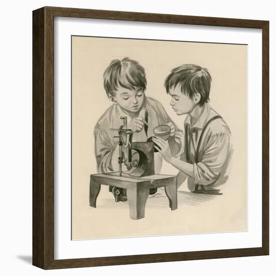 The Wright Brothers as Boys, Dropping Water into the Sewing Matchine with a Feather-Peter Jackson-Framed Giclee Print