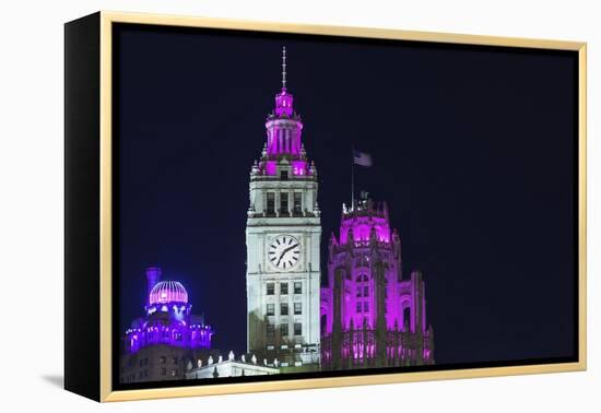 The Wrigley Building and Tribune Tower Illuminated at Night, Chicago, Illinois.-Jon Hicks-Framed Premier Image Canvas