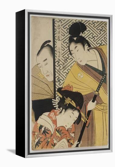 The Young Samurai, Rikiya, with Konami and Honzo Partly Hidden Behind the Door-Kitagawa Utamaro-Framed Premier Image Canvas