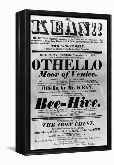 Theatre Bill Advertising Perfomances of Mr. Kean, 1818 (Printed Paper)-English-Framed Premier Image Canvas