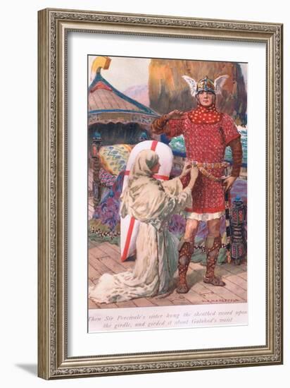 Then Sir Percivale's Sister Hung the Sheathed Sword Upon the Girdle-William Henry Margetson-Framed Giclee Print