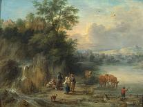 Village Landscape with Farmers unloading their Produce, with Cattle drinking from a Stream-Theobald Michau-Giclee Print