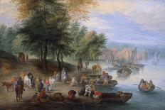 Wooded Coastal Landscape with Many Peasants and Travellers at a Landing Stage, a Village Beyond-Theobald Michau-Giclee Print