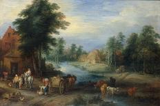 Village Landscape with Farmers unloading their Produce, with Cattle drinking from a Stream-Theobald Michau-Giclee Print