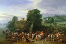 Wooded Coastal Landscape with Many Peasants and Travellers at a Landing Stage, a Village Beyond-Theobald Michau-Giclee Print