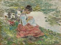Girl Sewing by River, C.1891 (Oil on Canvas)-Theodore Robinson-Giclee Print