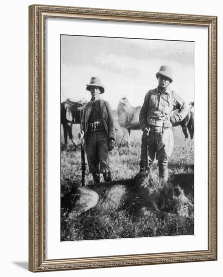 Theodore Roosevelt 26th American President with Hunting Colleague Mr. Tarlton and a Dead Lion-Kermit Roosevelt-Framed Photographic Print