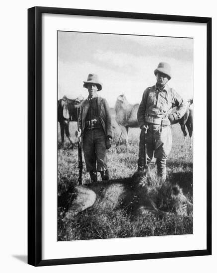 Theodore Roosevelt 26th American President with Hunting Colleague Mr. Tarlton and a Dead Lion-Kermit Roosevelt-Framed Photographic Print