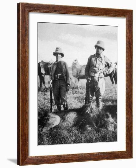 Theodore Roosevelt 26th American President with Hunting Colleague Mr. Tarlton and a Dead Lion-Kermit Roosevelt-Framed Photographic Print