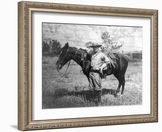 Theodore Roosevelt Dressed as Cowboy next to Horse Photograph - NA-Lantern Press-Framed Art Print