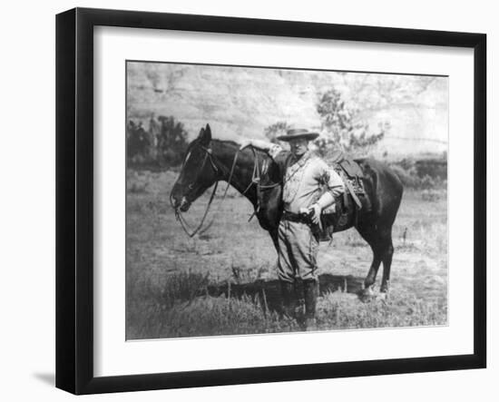 Theodore Roosevelt Dressed as Cowboy next to Horse Photograph - NA-Lantern Press-Framed Art Print