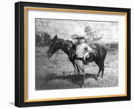 Theodore Roosevelt Dressed as Cowboy next to Horse Photograph - NA-Lantern Press-Framed Art Print