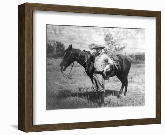 Theodore Roosevelt Dressed as Cowboy next to Horse Photograph - NA-Lantern Press-Framed Premium Giclee Print