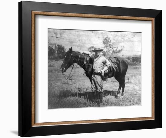 Theodore Roosevelt Dressed as Cowboy next to Horse Photograph - NA-Lantern Press-Framed Premium Giclee Print