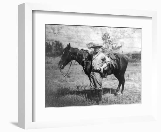 Theodore Roosevelt Dressed as Cowboy next to Horse Photograph - NA-Lantern Press-Framed Premium Giclee Print