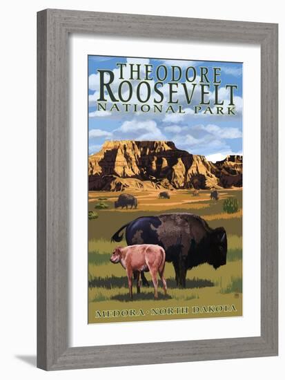 Theodore Roosevelt National Park - Medora, North Dakota - Bison and Calf-Lantern Press-Framed Art Print