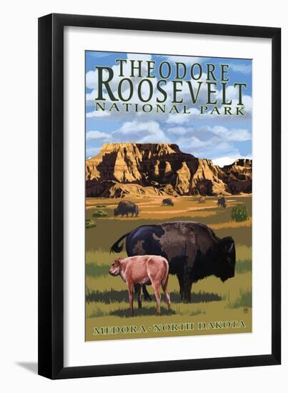 Theodore Roosevelt National Park - Medora, North Dakota - Bison and Calf-Lantern Press-Framed Art Print