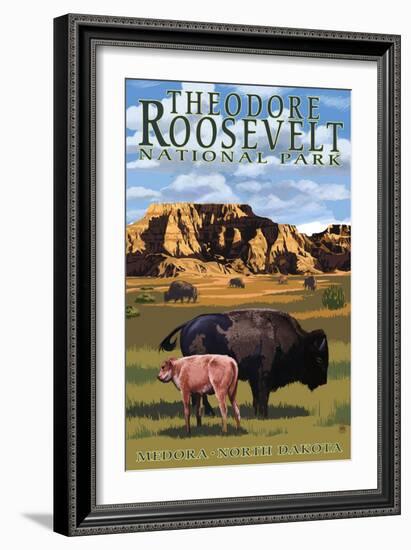 Theodore Roosevelt National Park - Medora, North Dakota - Bison and Calf-Lantern Press-Framed Art Print