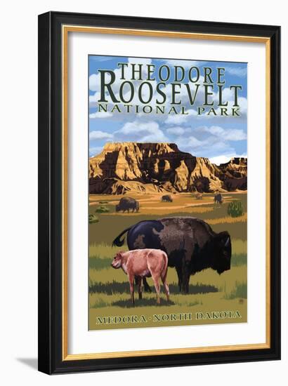 Theodore Roosevelt National Park - Medora, North Dakota - Bison and Calf-Lantern Press-Framed Art Print