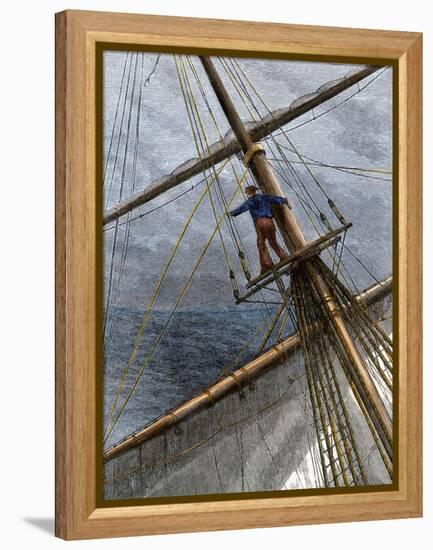 There She Blows Cry of a Whaling Ship Lookout Sighting a Whale, 1800s-null-Framed Premier Image Canvas