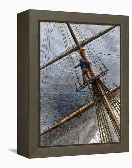 There She Blows Cry of a Whaling Ship Lookout Sighting a Whale, 1800s-null-Framed Premier Image Canvas