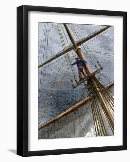 There She Blows Cry of a Whaling Ship Lookout Sighting a Whale, 1800s-null-Framed Giclee Print