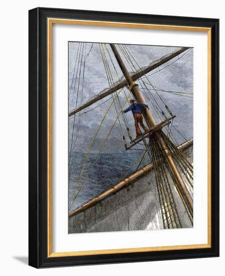 There She Blows Cry of a Whaling Ship Lookout Sighting a Whale, 1800s-null-Framed Giclee Print