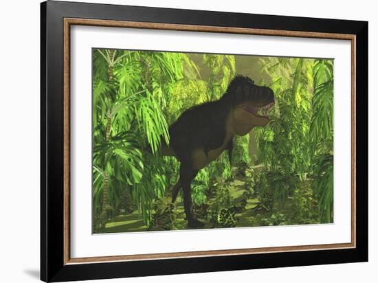 Thick Jungle Foliage Hides a Large Tyrannosaurus Rex as He Hunts for Prey-Stocktrek Images-Framed Premium Giclee Print