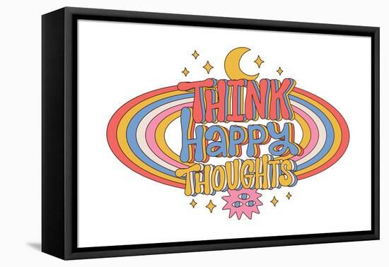 Think Happy Thoughts - Retro 70S 60S Lettering Quote with Hippie Groovy Rainbow, Moon, Stars Isolat-Svetlana Shamshurina-Framed Premier Image Canvas