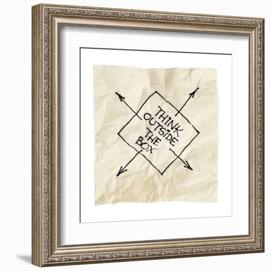 Think Outside The Box - Black Pen Drawing On An Isolated Cocktail Napkin-PixelsAway-Framed Art Print