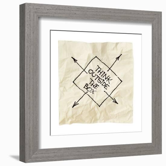 Think Outside The Box - Black Pen Drawing On An Isolated Cocktail Napkin-PixelsAway-Framed Art Print