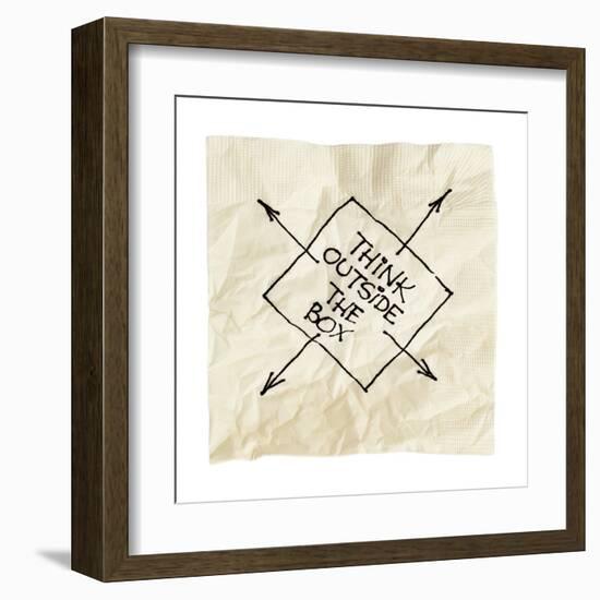 Think Outside The Box - Black Pen Drawing On An Isolated Cocktail Napkin-PixelsAway-Framed Art Print