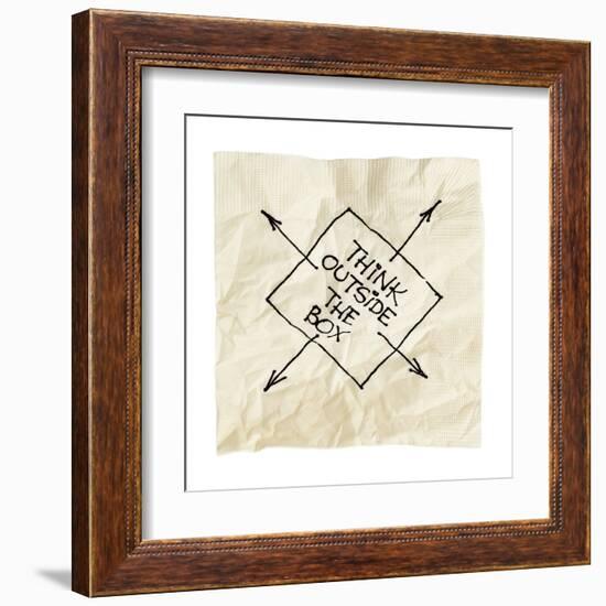 Think Outside The Box - Black Pen Drawing On An Isolated Cocktail Napkin-PixelsAway-Framed Art Print